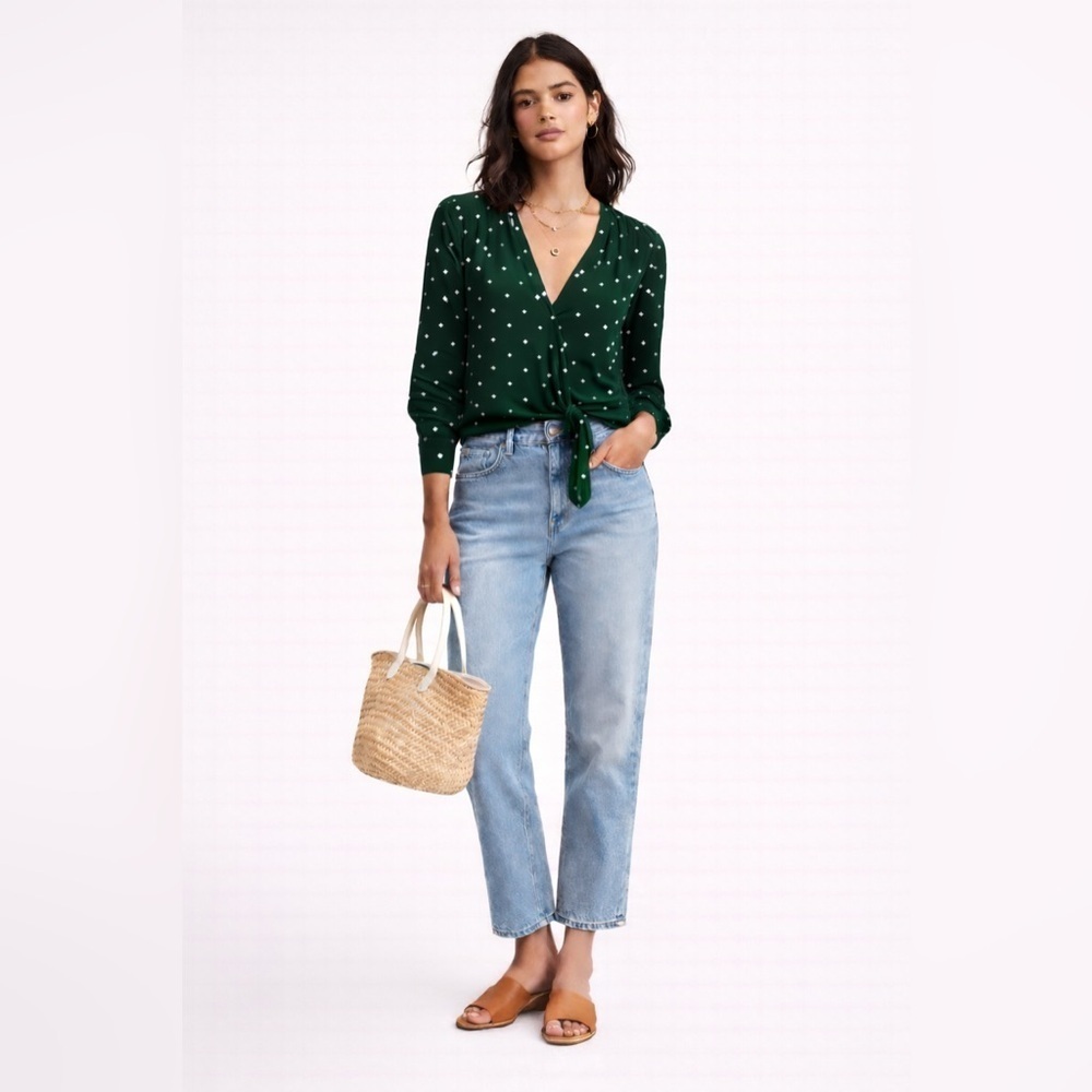 Madewell spruce green with white polka dots wrap front 3/4 sleeve top. Size XXS